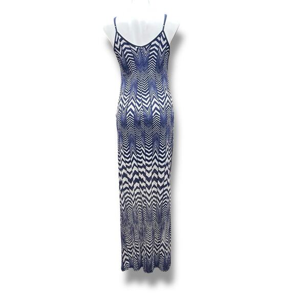 Chevron Maxi Dress Zigzag Pattern Bodycon Navy Blue Tan Slits Slip Lined L Y2K - Picture 8 of 8